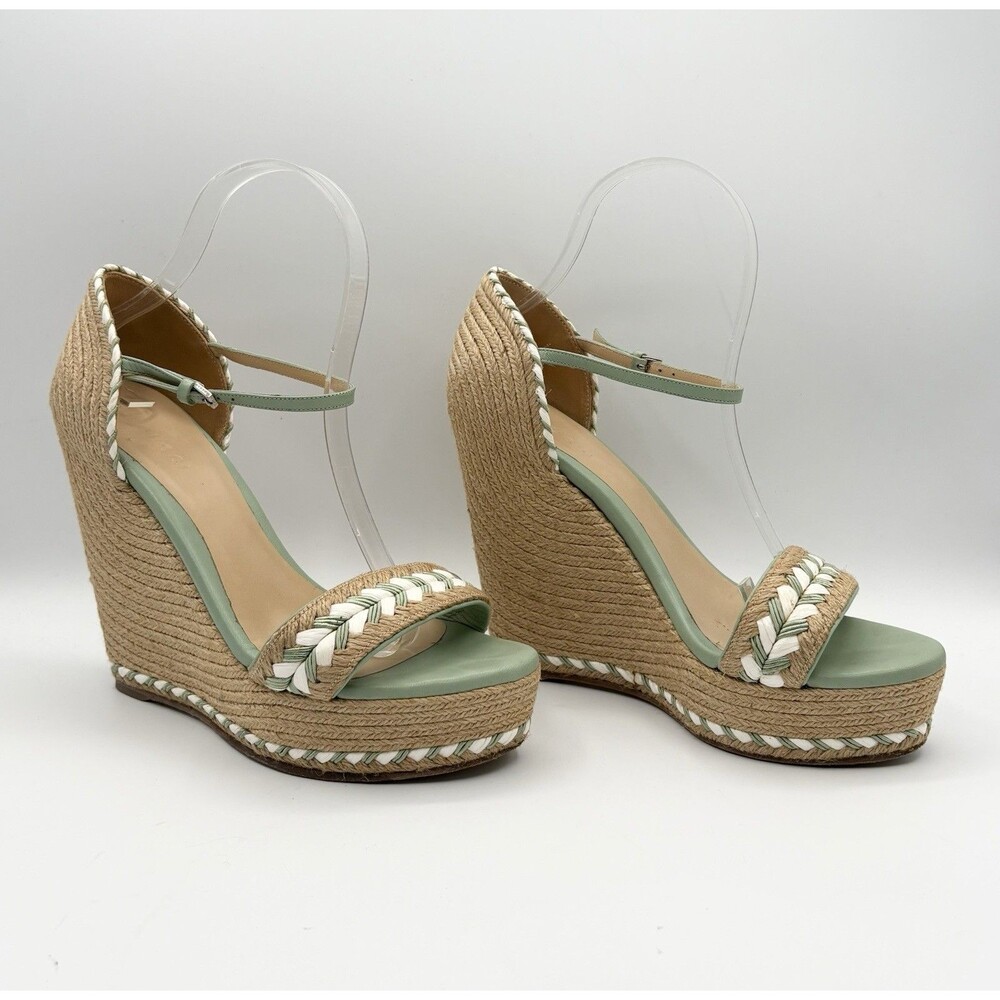 Gucci Light Green Leather & Rattan Wedge Espadrille Sandals Sz EU 38 - Picture 3 of 12